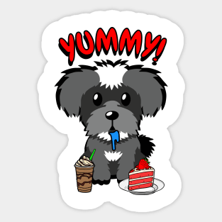 Cute schnauzer dog is having coffee and cake Sticker